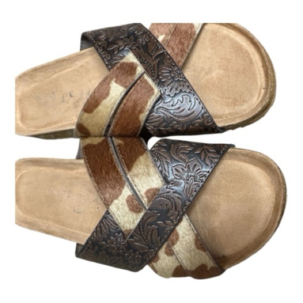 VERY G WOMENS BROWN TOOLED COW HIDE Western Boutique SANDALS Size 8 - Picture 6 of 9